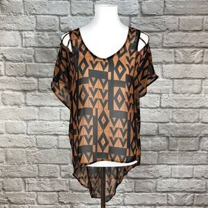 Lush Black Brown Geo Print Asymmetrical Top